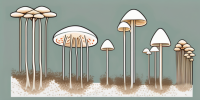 A step-by-step process showing enoki mushrooms growing from a substrate in a controlled environment