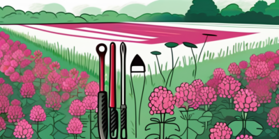 A vibrant field of blooming crimson clover with a calendar and a gardening tool in the foreground