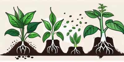 Various stages of pepper plants growth with visible roots in the soil