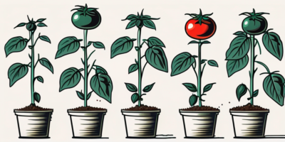 A sequence of stages showing tomato seeds being planted in a pot