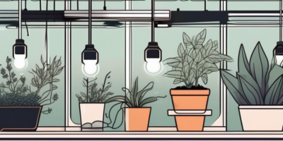 A variety of plants under a hanging grow light