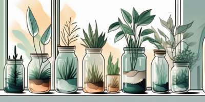 Various types of plants with their stems submerged in glass jars filled with water