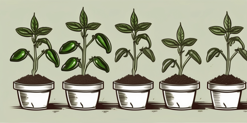 A jalapeno plant at different stages of growth