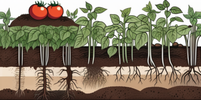 A cross-section of soil showing tomato plants with their roots extending deep into the ground
