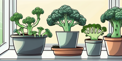 Several pots with different stages of broccoli growth