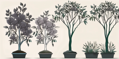 A crepe myrtle tree at different stages of growth