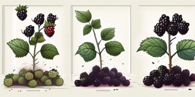 Several stages of a blackberry bush growth