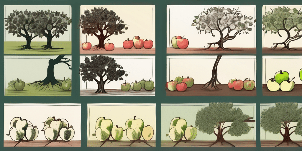 An apple tree at various stages of growth