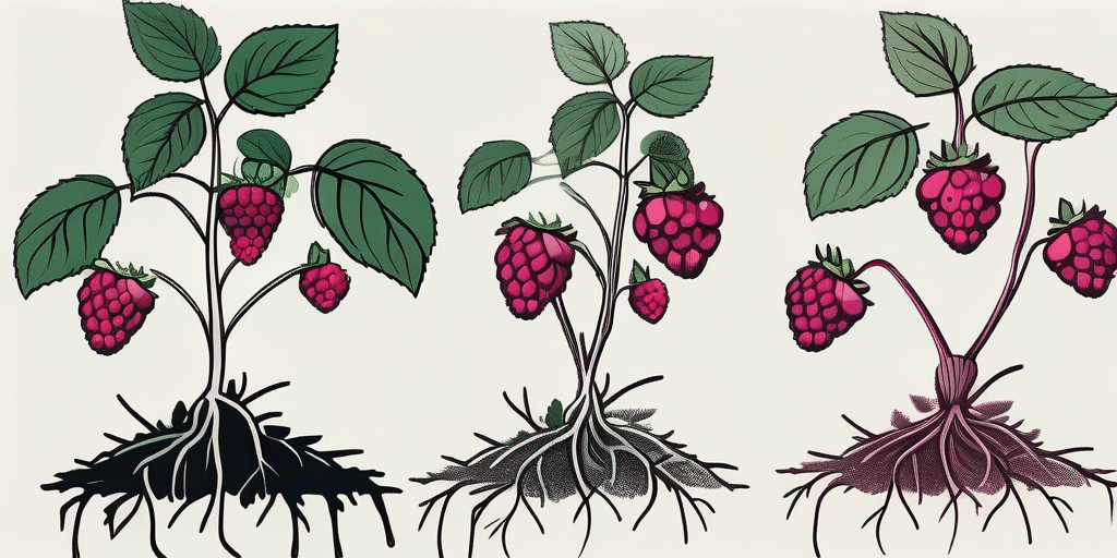 A thriving raspberry bush with visible roots