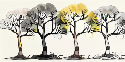 A mature ginkgo tree with various markers indicating different stages of its growth