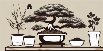 A bonsai tree with various gardening tools around it