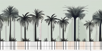 A variety of palm trees with a measuring tape next to them to indicate their different heights