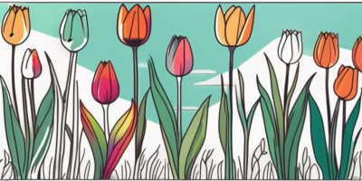 A vibrant garden scene with different colored tulips in various stages of growth