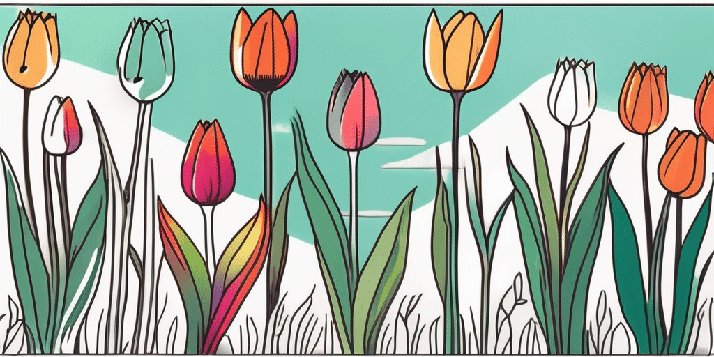 A vibrant garden scene with different colored tulips in various stages of growth