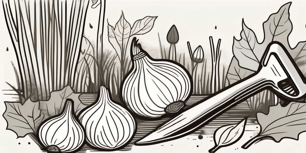 A garden bed with various stages of onion growth