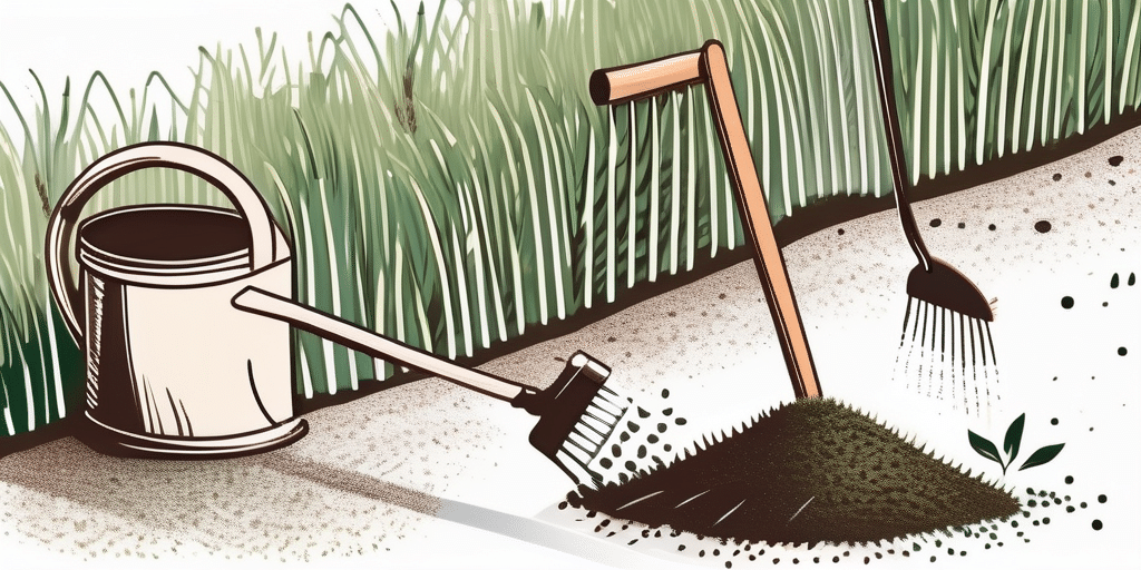 A variety of grass seeds being scattered on a well-prepared soil bed with a garden rake and a watering can nearby