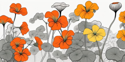 A garden setting featuring nasturtiums in vibrant orange and yellow colors