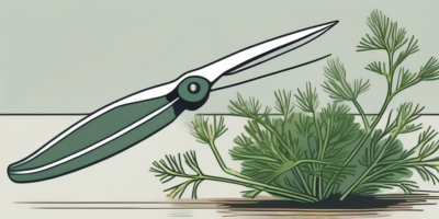 A healthy dill plant with a pair of gardening shears carefully snipping off a few sprigs
