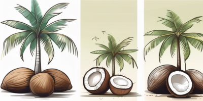 A coconut tree at various stages of growth