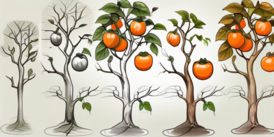 A persimmon tree at different stages of its growth cycle