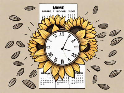 A calendar with sunflower seeds scattered around and a sunflower in different stages of growth
