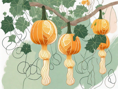 A vibrant loofah plant with mature gourds hanging from the vine