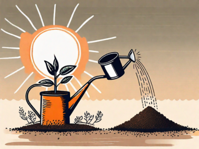 An orange seed being planted in fertile soil with a small watering can and a sun in the background
