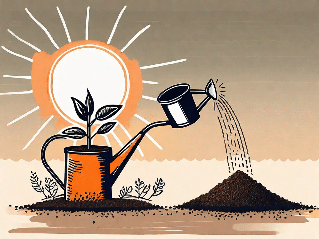 An orange seed being planted in fertile soil with a small watering can and a sun in the background