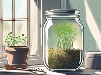 A glass jar filled with sprouting seeds