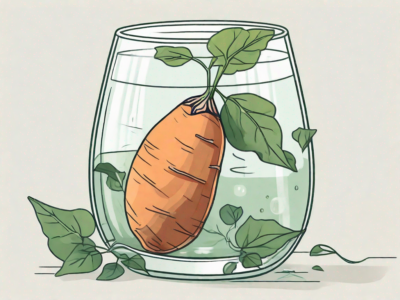 A sweet potato partially submerged in a glass of water with green vines sprouting from it