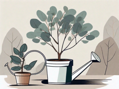 A eucalyptus sapling in a pot with a watering can nearby