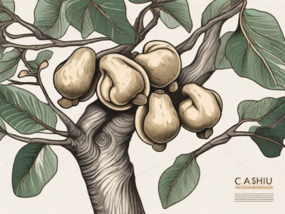 A cashew tree with close-ups of the branches showing the unique growth of cashews in their shells attached to the cashew apples