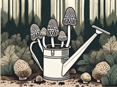 A cluster of morel mushrooms growing in a lush forest setting
