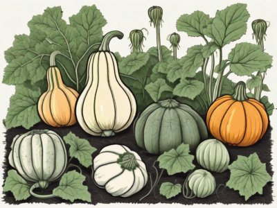 Various types of squash growing in a lush garden