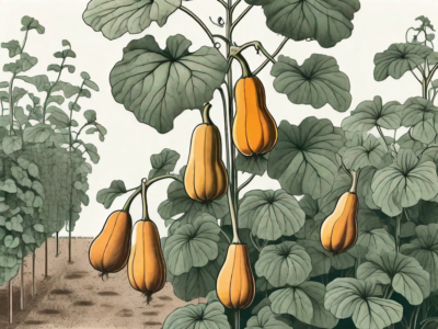 A lush butternut squash plant with mature squashes hanging from it