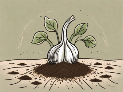 A garlic clove being planted in rich soil with small sprouts emerging