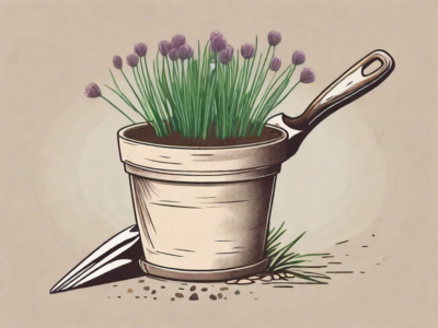 A vibrant chive plant in a rustic pot with a pair of gardening shears nearby