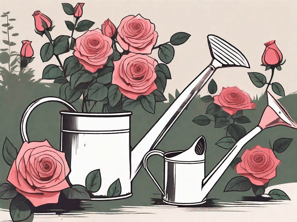 A blooming rose bush with a watering can and gardening tools nearby