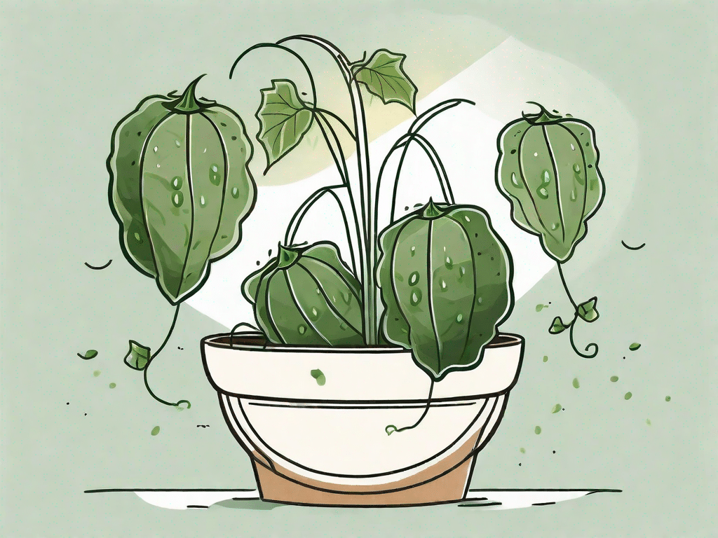 A healthy cucumber plant thriving in a large pot