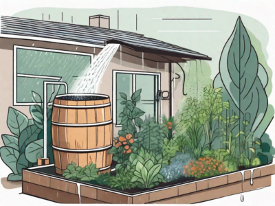 A lush garden with various plants being watered by a rainwater harvesting system
