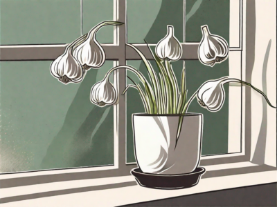 A garlic plant in a pot placed on a windowsill with sunlight streaming in