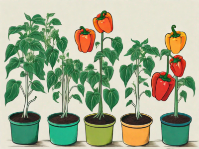 Several bell pepper plants at different stages of growth in colorful pots