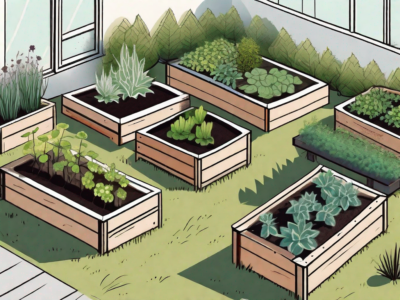 Several raised garden beds filled with a variety of plants