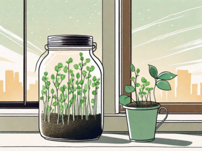 A jar filled with sprouting seeds placed on a sunny windowsill