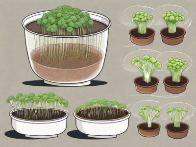 A step-by-step process showing broccoli sprouts growing from seeds in a pot