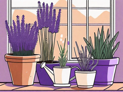 A few vibrant lavender plants growing in terracotta pots on a sunny windowsill