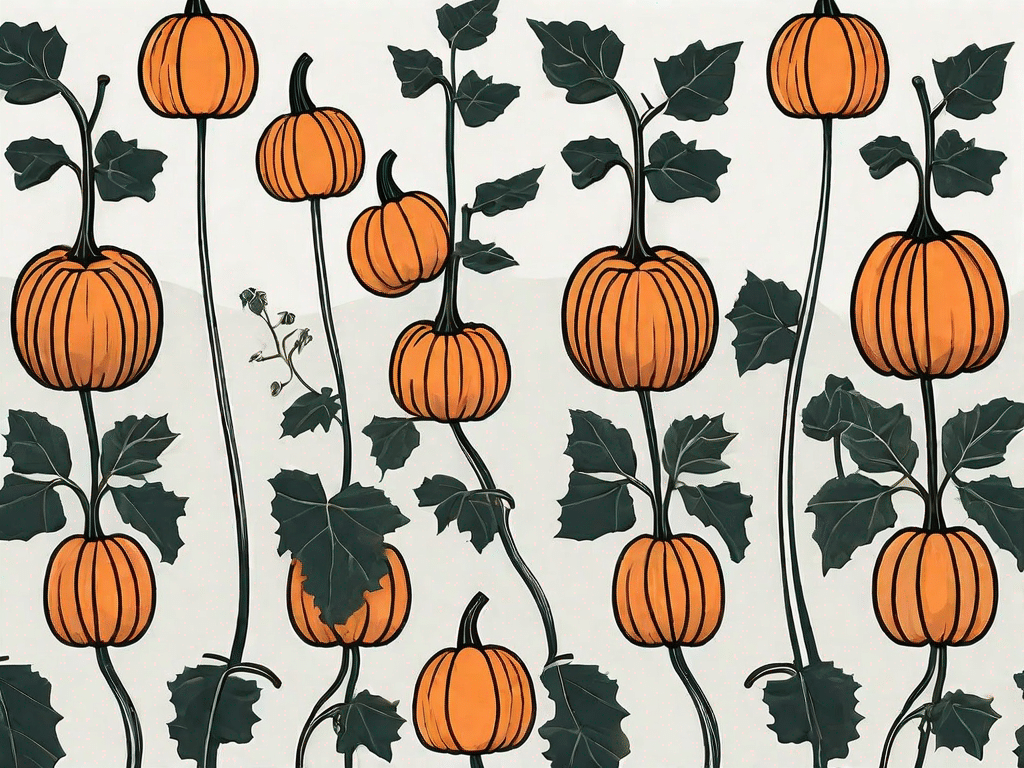 A pumpkin plant at various stages of growth