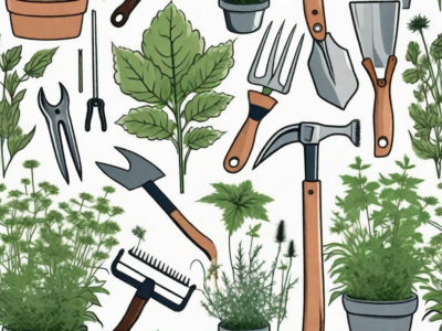 A variety of garden tools like a hoe