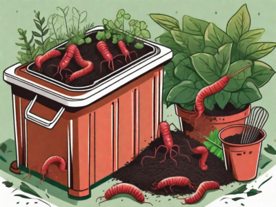 A compost bin with red worms processing organic waste into fertile soil