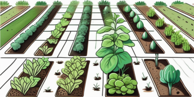 A garden bed with arugula seeds being planted in a specific pattern and demonstrating appropriate spacing between each seed